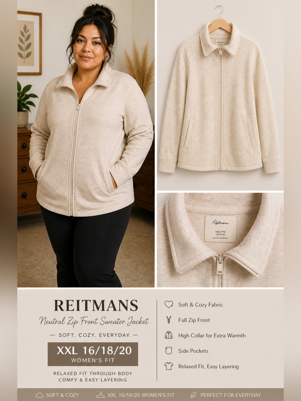 Neutral Zip Front Sweater Jacket - Cream Beige Women Soft Cozy Size XXL 16/18/20